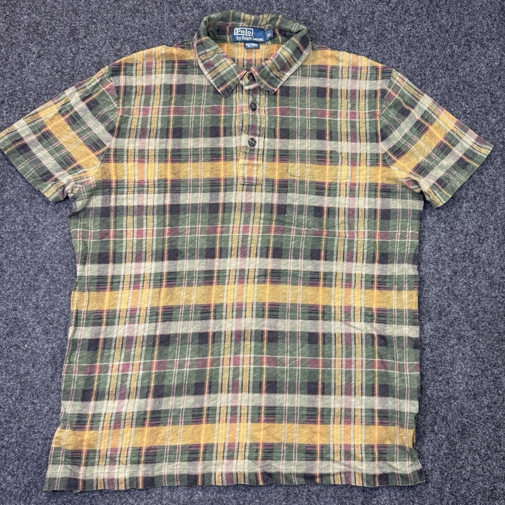 Polo Ralph Lauren Mens XL Plaid Polo Shirt Short Sleeve Pocket Green Yellow